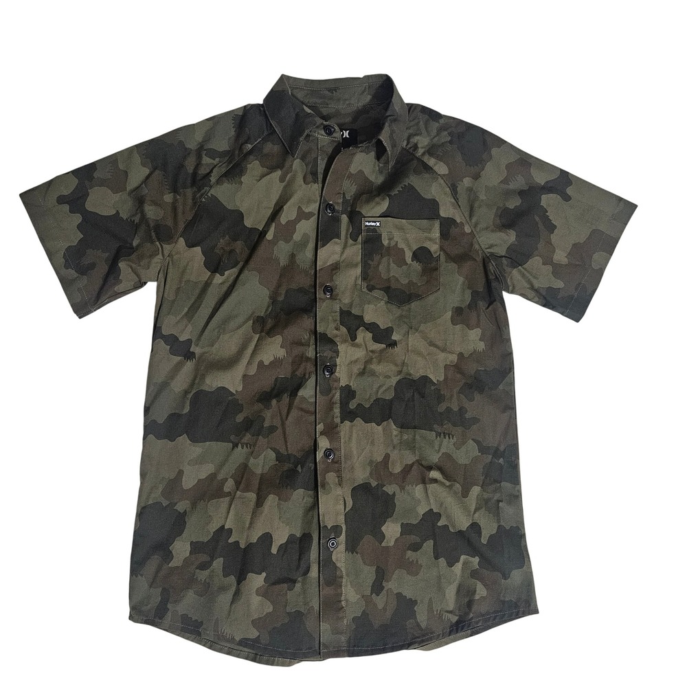 Hurley Boys Medium Camo Short Sleeve Button Down Shirt Green Brown 10-12 Yrs